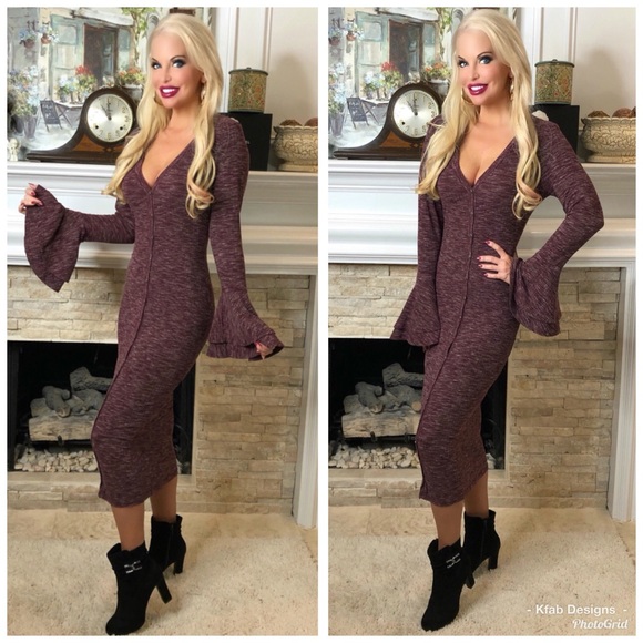 LAST 1! Ribbed Soft Stretchy Knit V Neck Midi Bell Sleeve Dress! - Picture 2 of 6